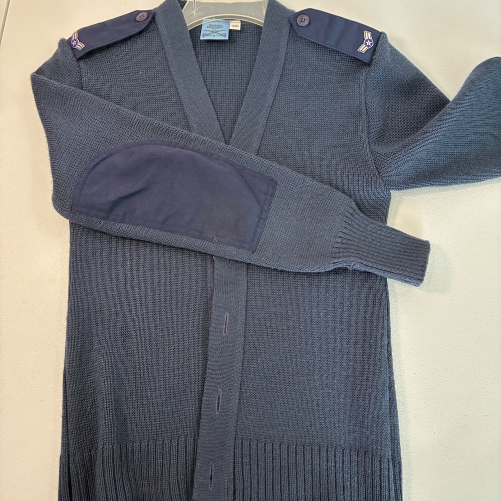 Military Equipment Cardigan Sweater Mens 30R Blue Epaulets Elbow Patch Utility - Picture 8 of 11
